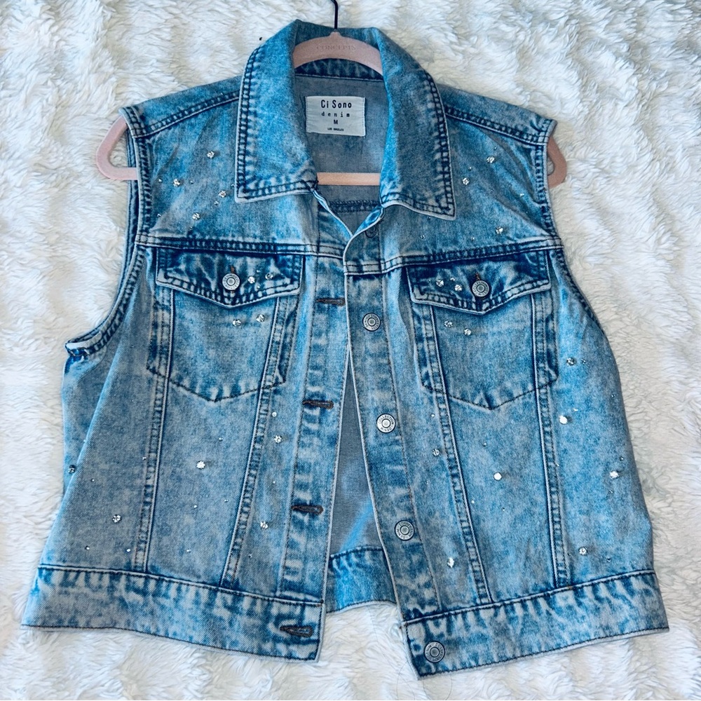 Ci Sono Light Blue Denim Vest with Rhinestones
